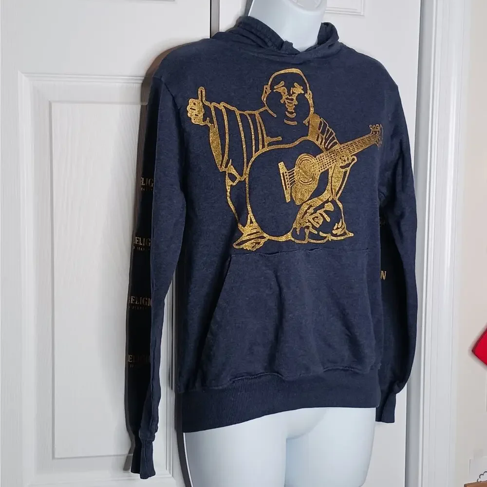 True Religion Blue and Gold Buddha Logo Pullover Hoodie